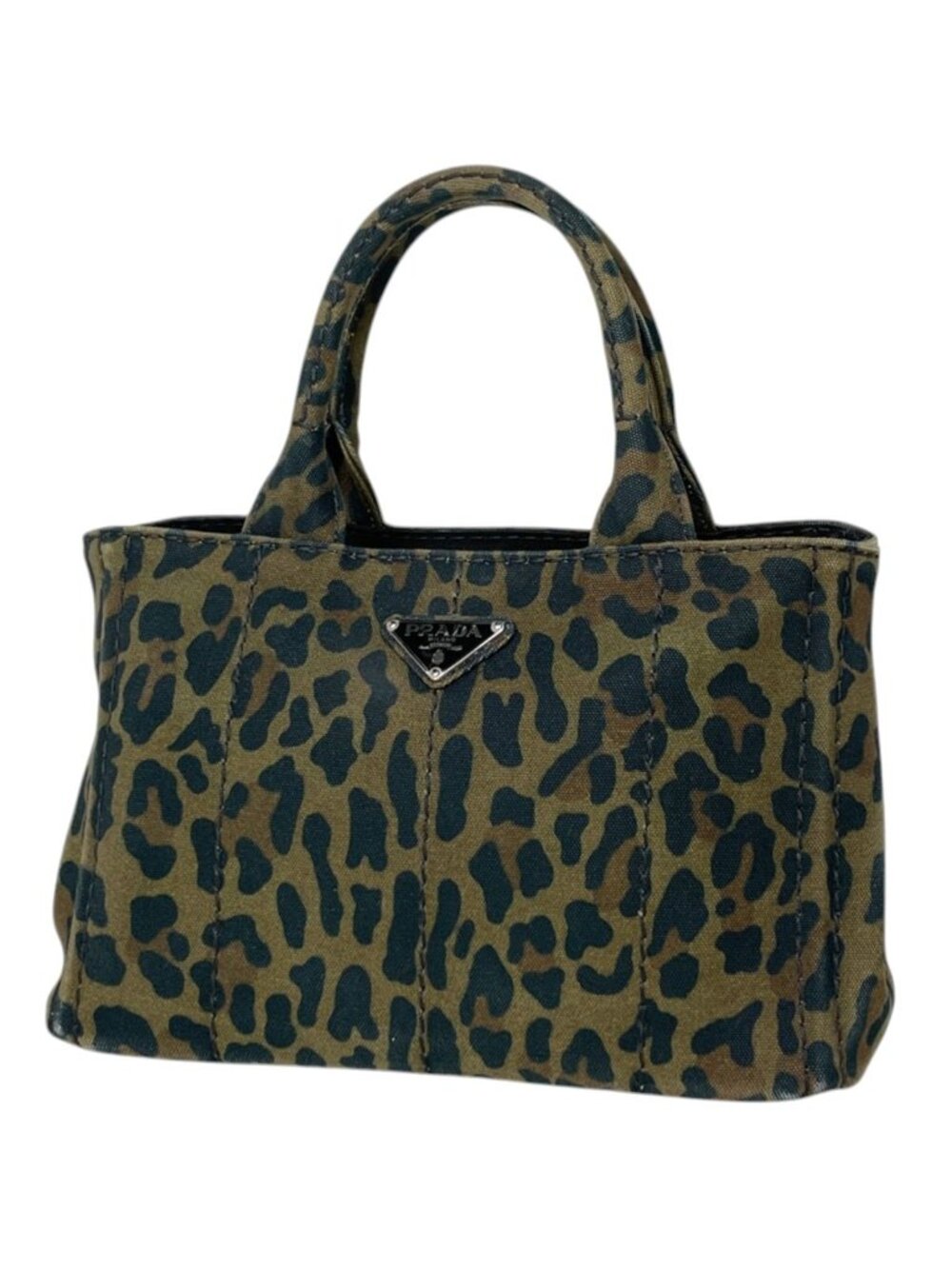 Prada Handbag Leopard Print Khaki Canvas Green Beige